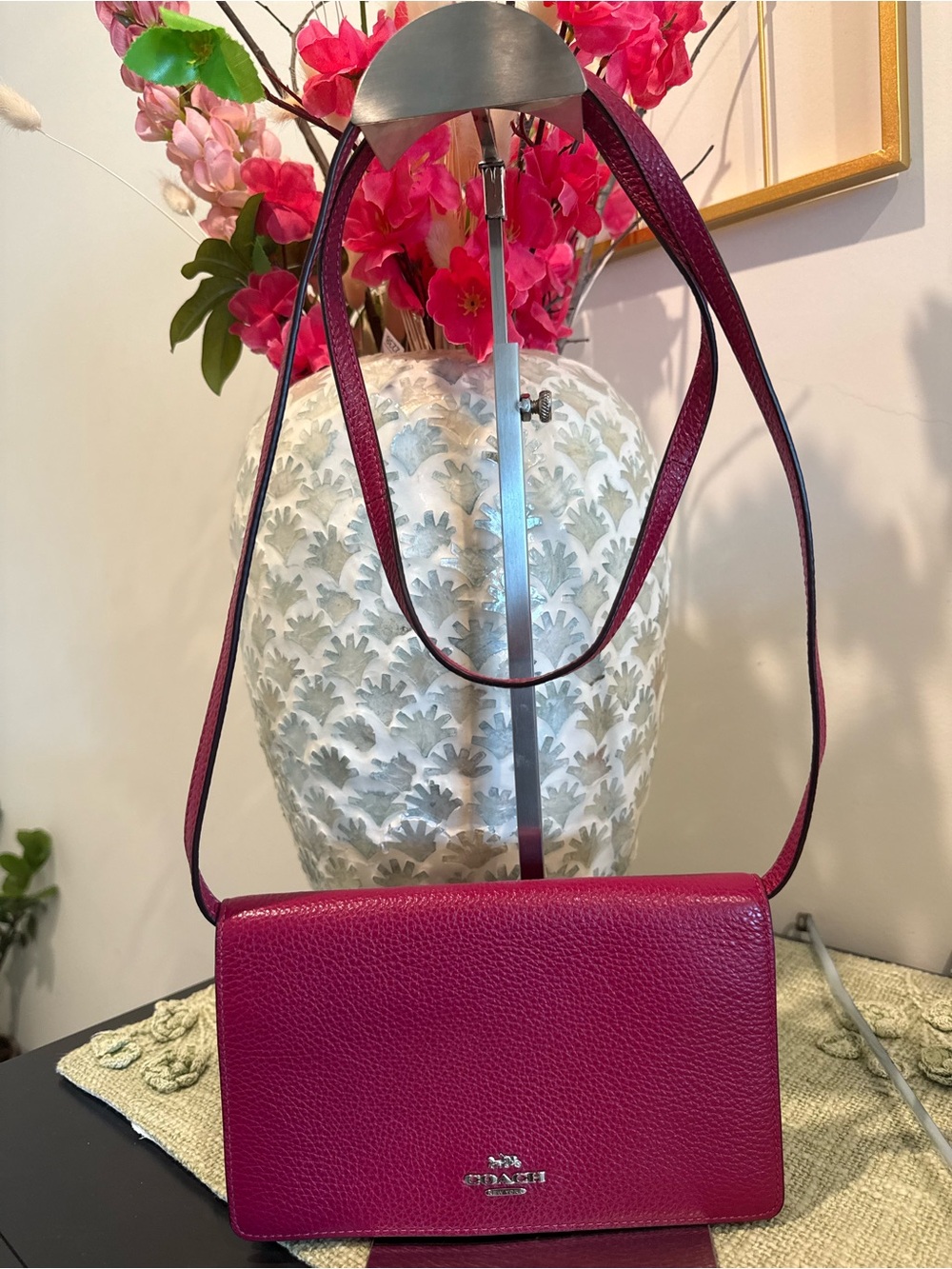 Coach Anna fold over Pebbled Leather Crossbody Bag in Raspberry
